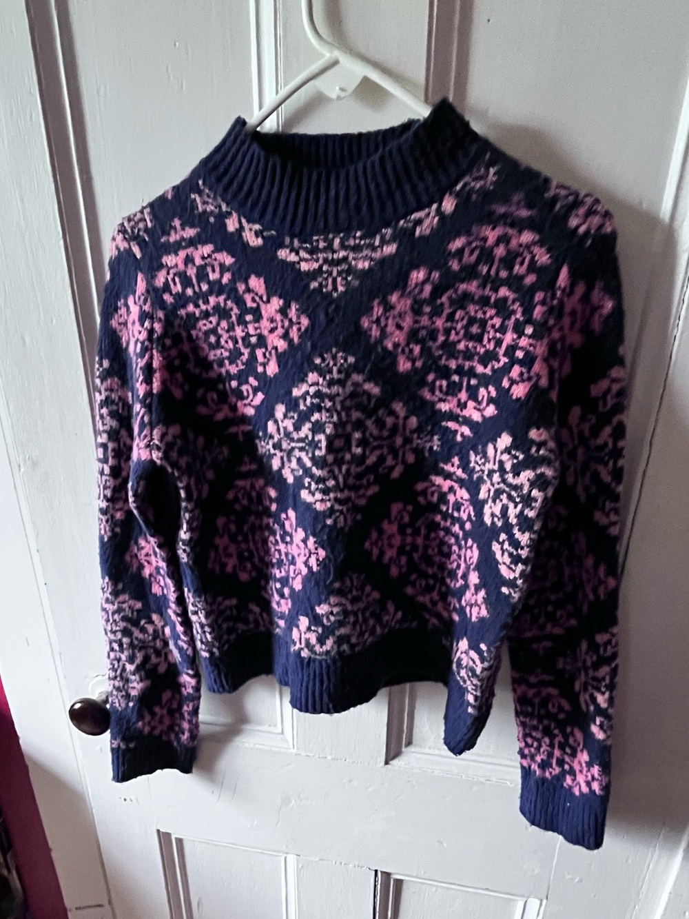 Colorful Rachel Zoe Navy and Pink Patterned Crewneck Sweater